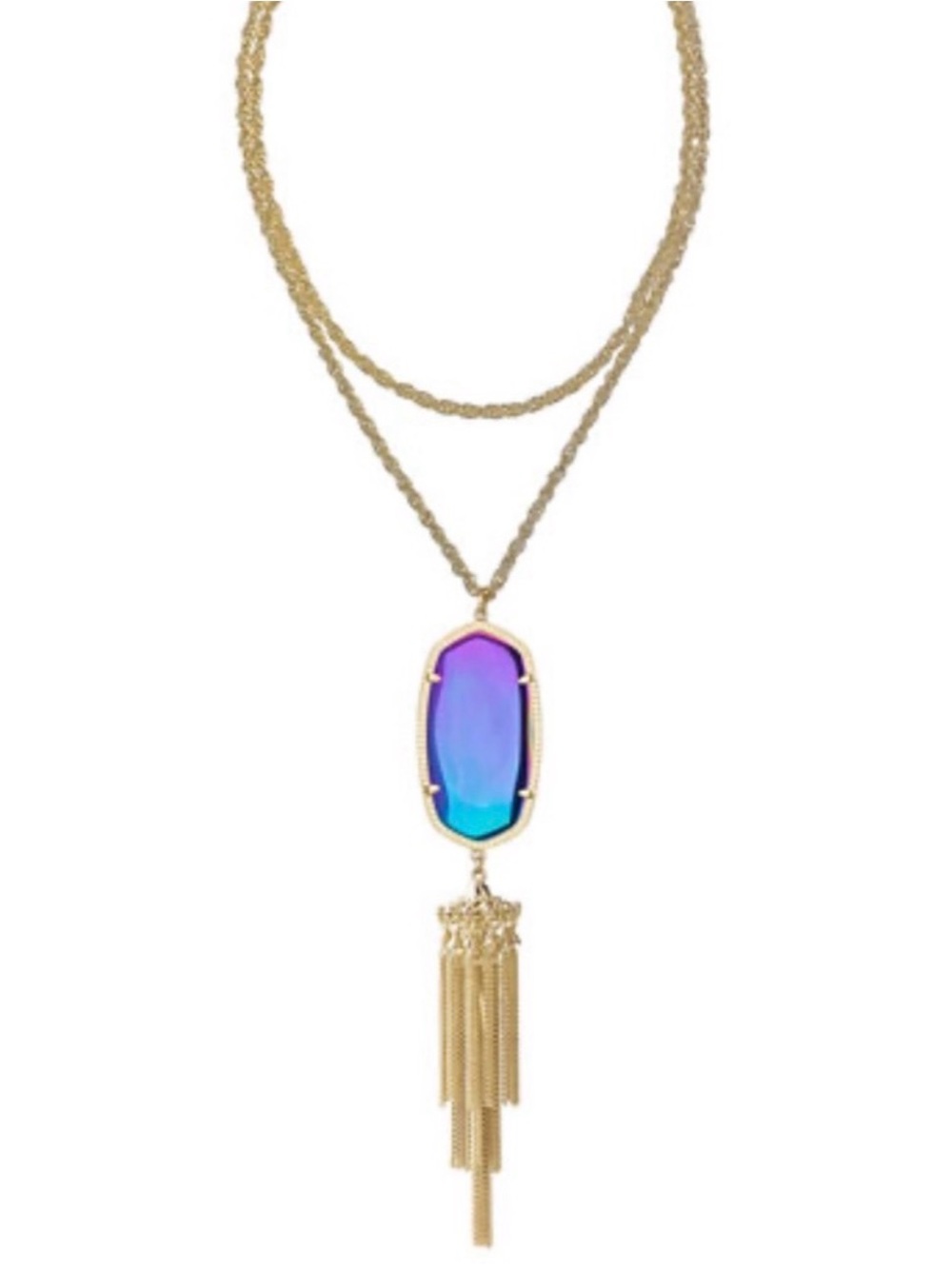 Kendra Scott Gold Tassel Necklace with Iridescent Purple-Blue and Black Pendant